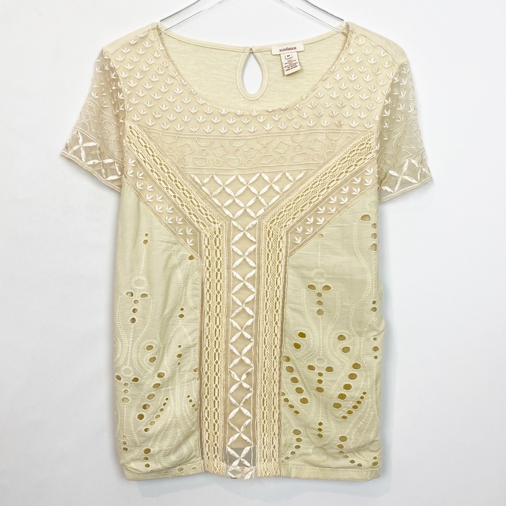Sundance Ivory Eyelet Lace Short Sleeve Top Medium